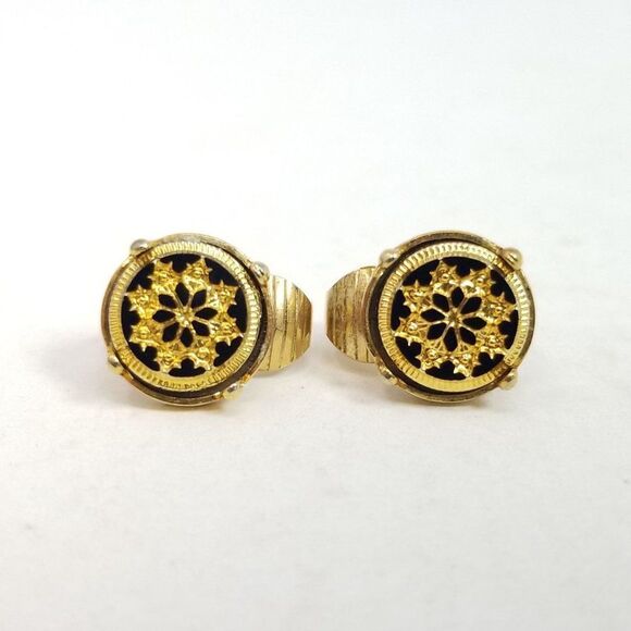 Vintage Avon Black and Gold Tone Floral Design Round Clip On Earrings, Small - Picture 1 of 6